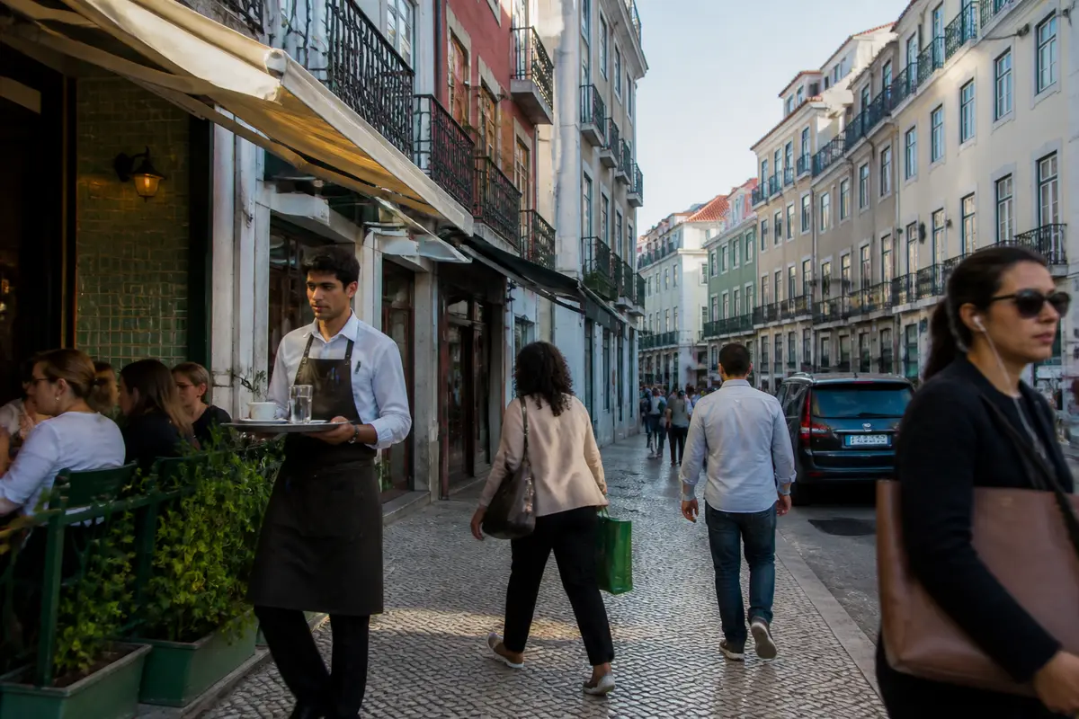 Serveur portant un plateau traverse rue animée bordée de bâtiments historiques, piétons et terrasse de café.