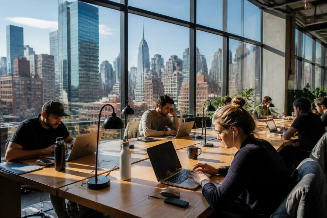 Des personnes travaillent sur des ordinateurs portables dans un espace de coworking avec vue sur New York.