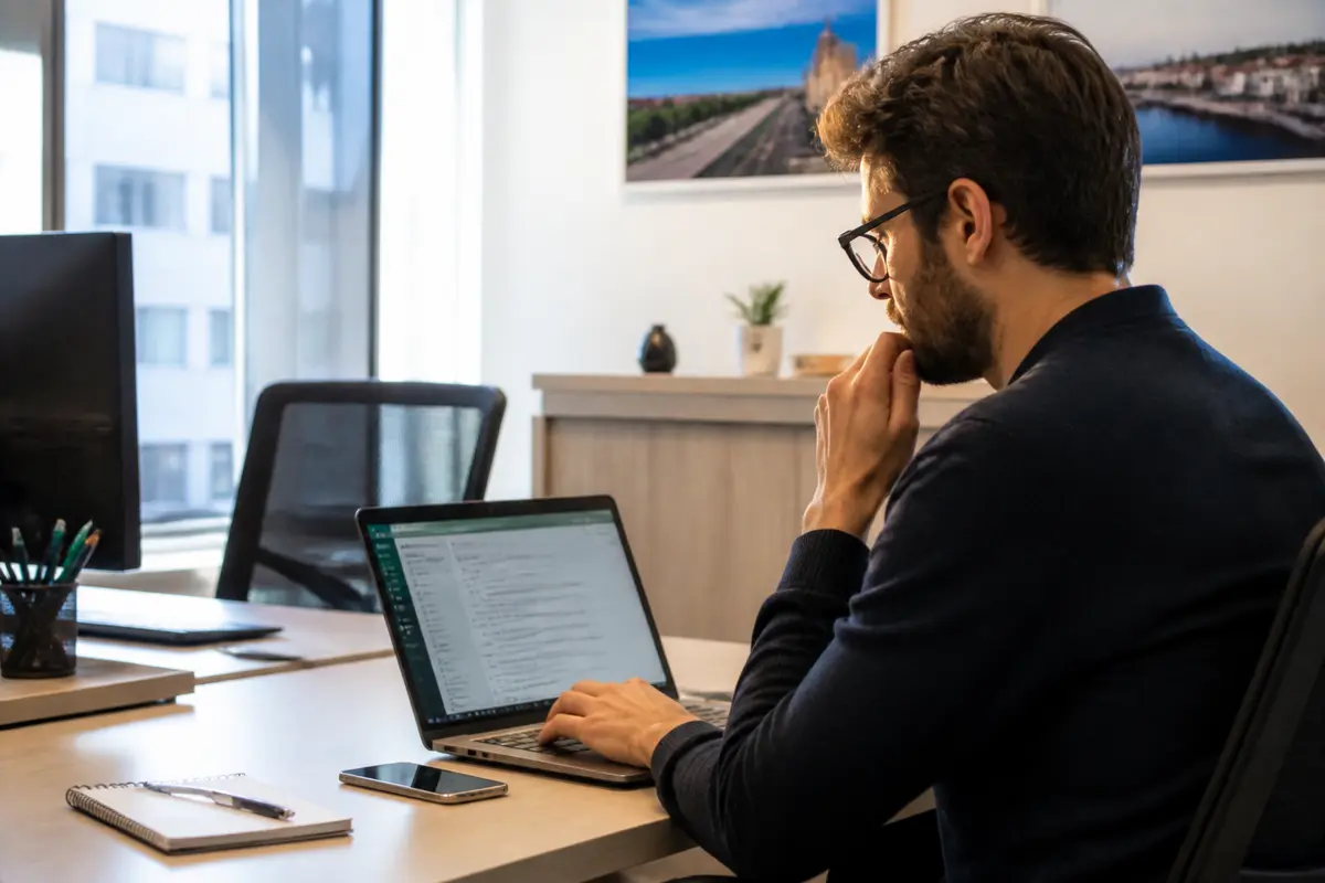 Homme travaillant sur un ordinateur portable dans un bureau moderne, entouré de fournitures de bureau.