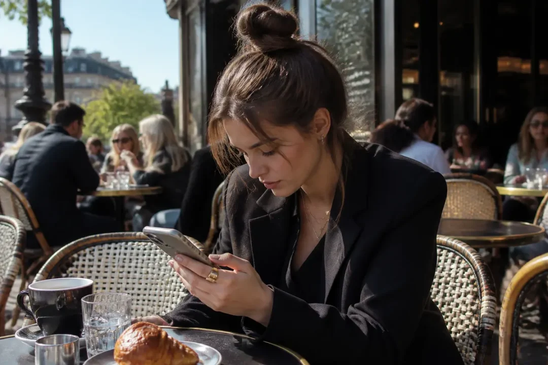 Jeune femme concentrée sur son téléphone, terrasse de café parisienne ensoleillée, croissant et café sur table.