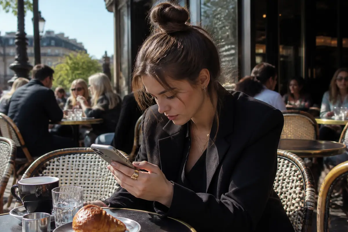 Jeune femme concentrée sur son téléphone, terrasse de café parisienne ensoleillée, croissant et café sur table.