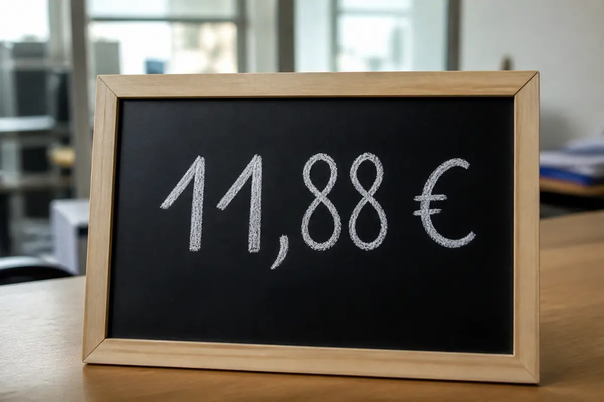 Ardoise avec cadre en bois affichant 11,88 euros inscrits Ă la craie blanche.