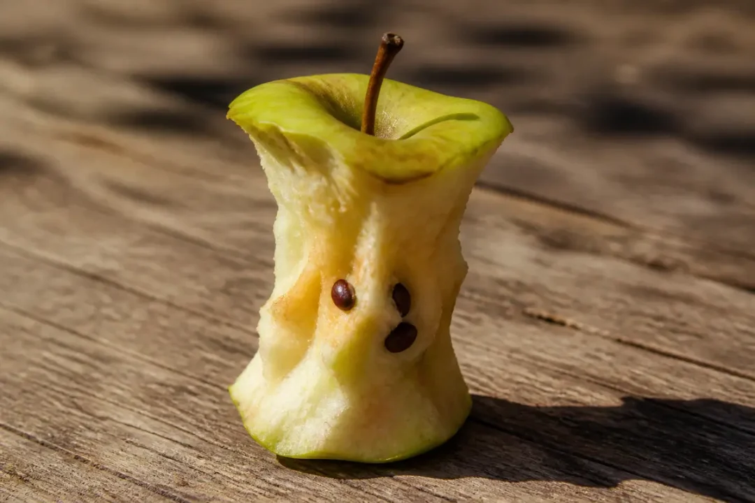 Trognon de pomme avec pépins visibles, posé sur une surface en bois éclairée par le soleil.