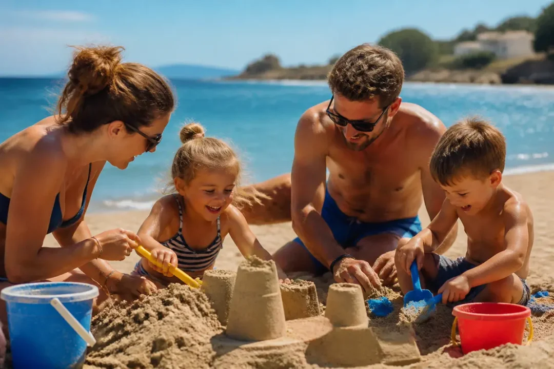 Famille souriante construisant des châteaux de sable sur la plage ensoleillée, mer bleue à l'arrière-plan.
