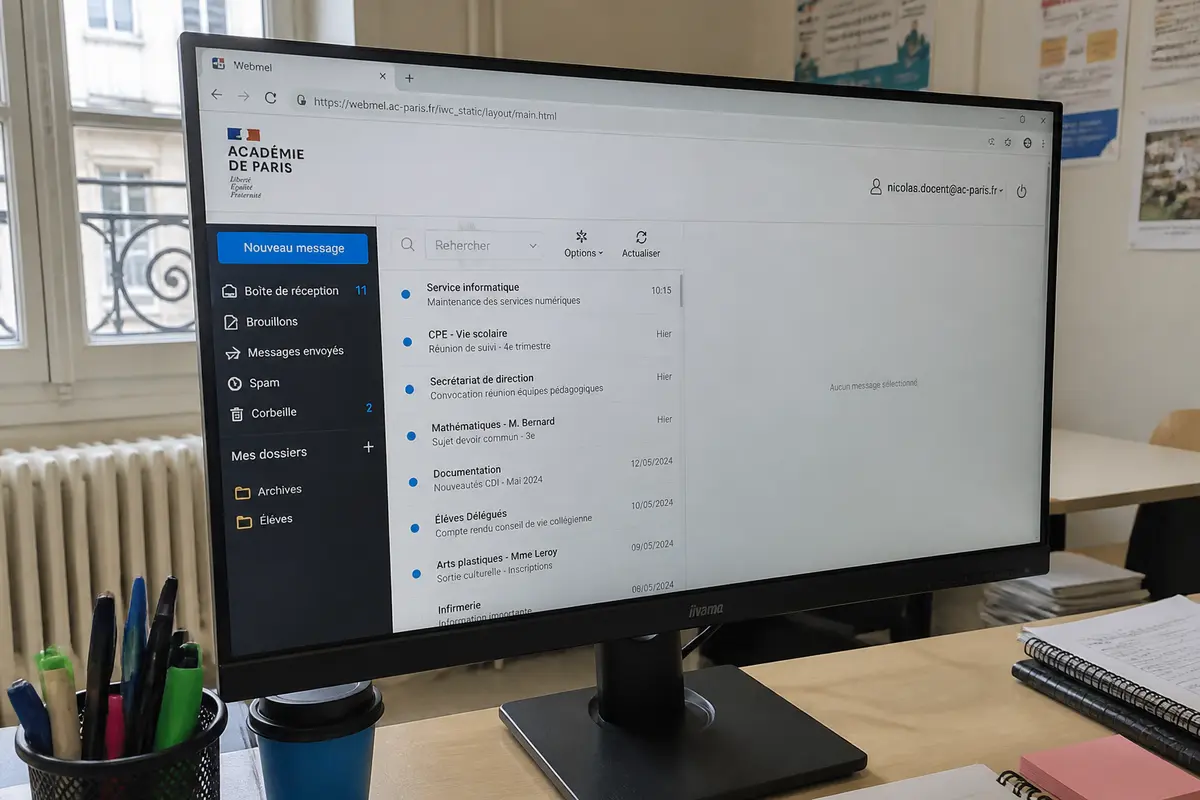 Écran d'ordinateur affichant une boîte mail de l'Académie de Paris dans un bureau.