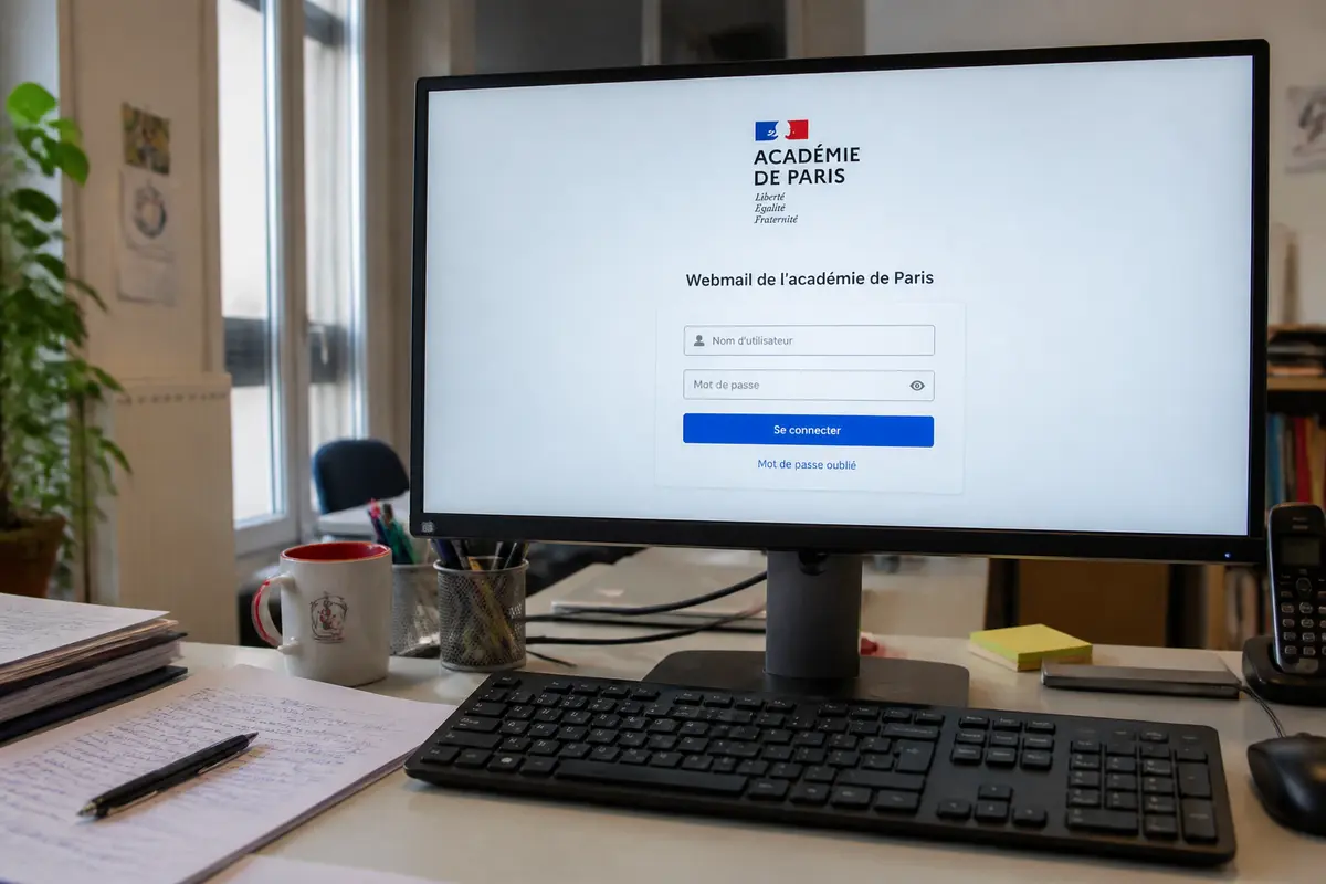 Bureau avec écran affichant la page de connexion du webmail de l'académie de Paris.